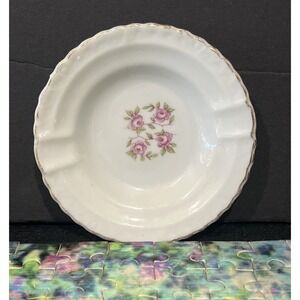 Vintage Pink Rose Ashtray/ Trinket Dish with Gold Trim Scalloped Edge Japan